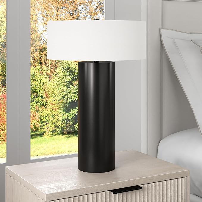 Henn&Hart 24" Mid-Century Modern 1-Light Table Lamp with White Fabric Drum Shade for Living Room, Bedroom, or Office, Black