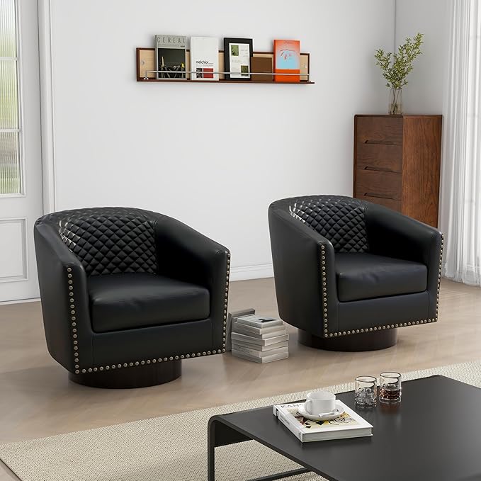 Swivel Barrel Accent Chair, Comfy Modern Upholstered Round Faux Leather Arm Chair for Living Room, Bedroom-Black, Set of 2