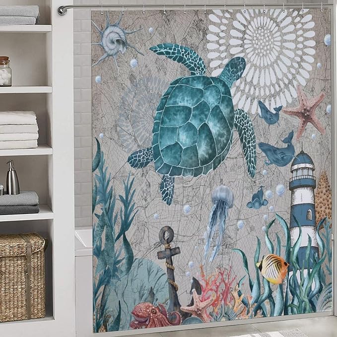 Sea Turtle Shower Curtain,Coastal Nautical Beach Teal Turtles Starfish Coral Reef Nautical Map Undersea Animal Polyester Fabric Bathroom Decor Set with Hooks,72x72Inch