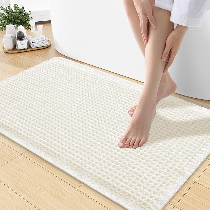 Smiry Waffle Bath Mat 30x18, Extra Soft Absorbent Bathroom Rugs, Non Slip Machine Washable Quick Dry Bath Rugs for Bathroom Floor, Tub, Shower, Home Decor Accessories, Cream