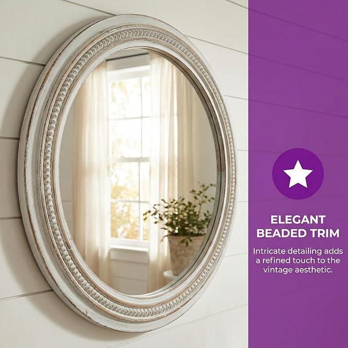 23.62'' Vintage Round Wall Mirror with Ornate Beaded Trim Frame & Pre-Installed Hanging, Decorative Mirror with Large Reflective Surface for Bathroom Bedroom Living Room, Natural