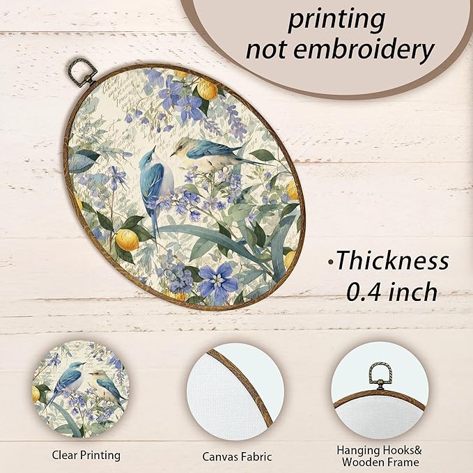 AEHIE Vintage Floral Bird Oval Wall Art Decor, Cottagecore Flower Botanical Lemon Canvas Artwork Framed, Country Bird Floral Picture Oval Wall Art for Home Bedroom Living Room Decor, 11x8.5 Inches