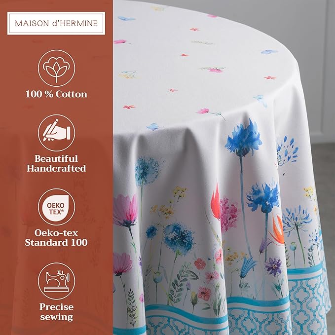 Maison d' Hermine Table Cloth Round Table 100% Cotton 63 Round Inches Tablecloth Reusable Decorative for Dining Room Farmhouse Home Valentines Day Decorations Spring Summer - Flower in The Field