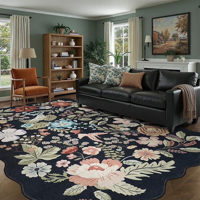 DCX Black Floral Rug 9x12, Washable Black Rug for Living Room, Kid & Pet Friendly with Rubber Back Non Slip, Soft Low Pile Carpet, Stain Resistant Rug for Bedroom, Nursery, Dining Room