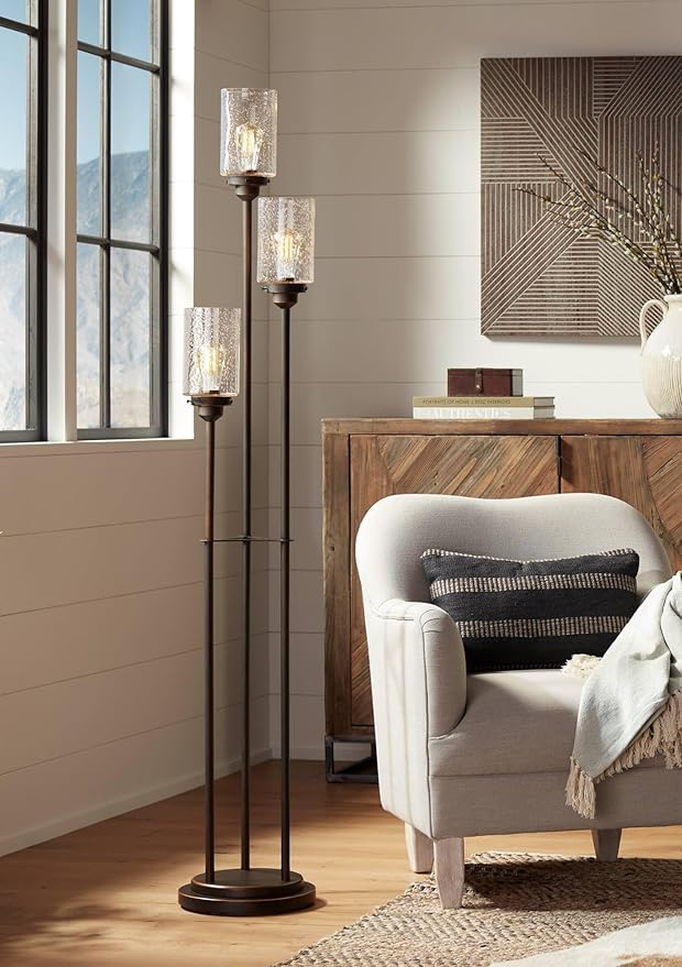 Franklin Iron Works Libby Modern Industrial Tree Floor Lamp Standing with USB Charging Port 66" Tall Oiled Bronze Metal 3-Light Amber Seedy Glass for Living Room Reading Bedroom Office House Home
