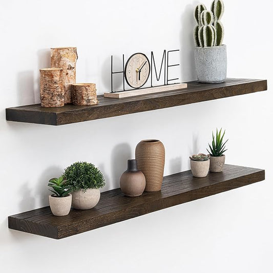 Extra Deep 36" Long Rustic Solid Wood Floating Shelves for Wall, Wall Shelves with Invisible Bracket for Living Room Bathroom Bedroom Kitchen, Set of 2, Walnut