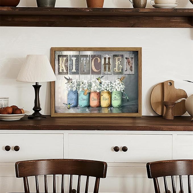 Framed Vintage Kitchen Canvas Wall Art, Retro Letter Signs with Colorful Jars, Florals and Birds Prints, Rustic Farmhouse Wood Grain Poster, Cottagecore Wall Decor for Kitchen Dining Room, 12x16in