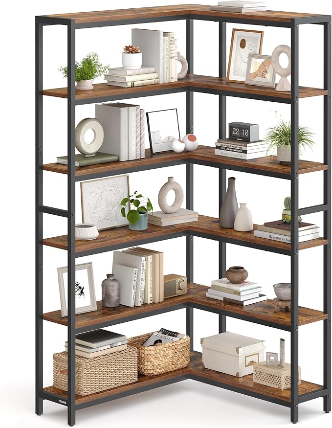 VASAGLE 6 Tier Bookshelf with Metal Frame, Convertible Industrial Corner Shelf, 9.4 x 52.8 x 69 Inches, for Living Room, Bedroom, Home Office, Rustic Brown and Ink Black ULLS806K01