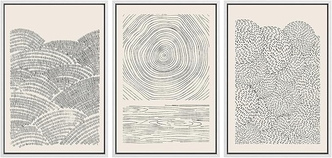 SIGNWIN Framed Canvas Print Wall Art Set Geometric Spiral Ring Wave Pattern Abstract Shapes Cozy Neutral Modern Art Decorative Contemporary Minimal for Living Room, Bedroom, Office - 16"x24"x3 White