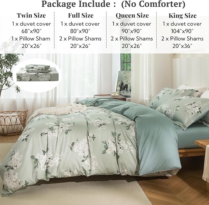 MILDLY King Size Duvet Cover Set 100% Long-Staple Cotton Luxury Sage Green Floral Patten Reversible Comforter Cover Set 3Pcs