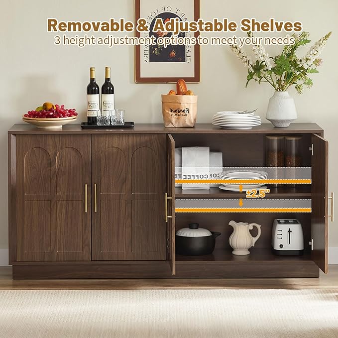 LKTART Sideboard Buffet Cabinet with Storage, Modern Credenza Accent Console Cabinets with Arched Doors, Kitchen Buffet Cabinet for Living Room Dining Room Entryway, Walnut