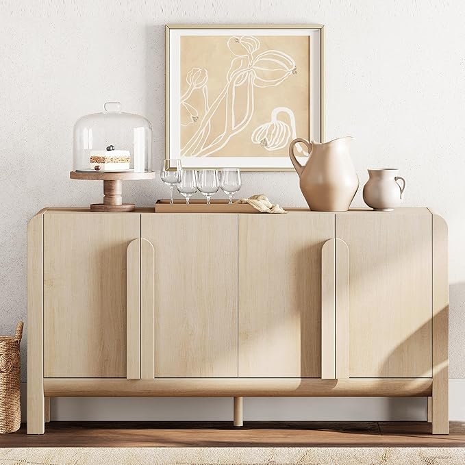 WAMPAT 63" W Large Buffet Sideboard Cabinet with Storages, Modern Buffet Table Coffee Bar Wine Bar Storage Curved Cabinet with 4 Doors for Dining Room, Living Room, Kitchen, Light Oak
