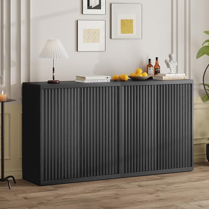 31” Sideboard Cabinet with Storage, Fluted Accent Cabinet with Adjustable Shelves, Modern Wood Credenza Cabinets with Pop-up Doors for Entryway Kitchen Living Room Hallway, Black 2pcs