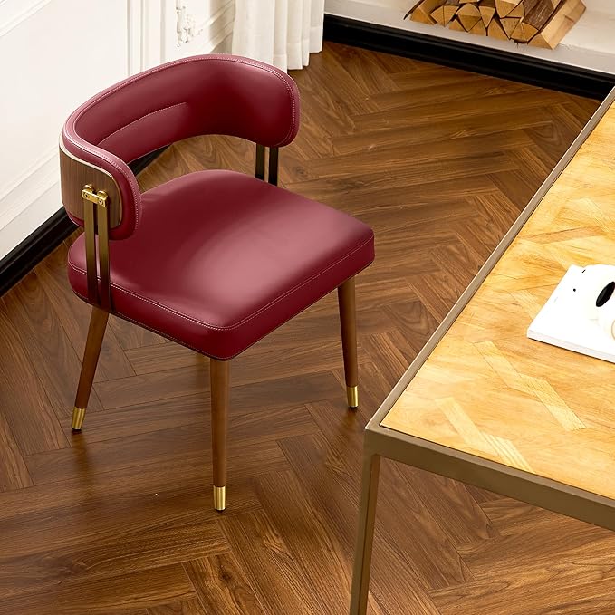 Modern Upholstered Leather Dining Chairs with High-Resilience Foam Cushion, Walnut Wood Veneer&Gold Metal Legs, 22Lx20.5Wx28.3H Inches, Anti-Slip Kitchen Chairs for Dining Room,Cherry