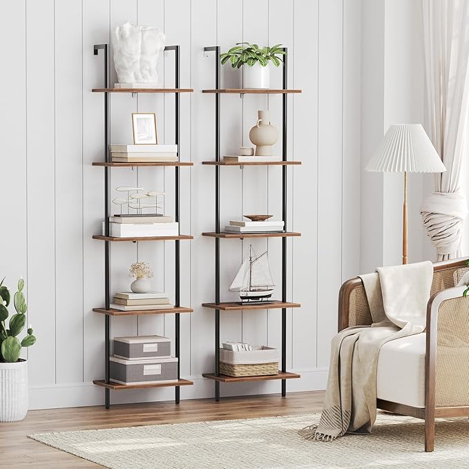 HOOBRO DIY Ladder Shelf, 5-Tier Wooden Wall Mounted Bookshelf, Narrow Bookcase, Display Shelf, Storage Rack, Plant Stand, for Living Room, Bedroom, Study, Balcony, Rustic Brown and Black BF531CJ01