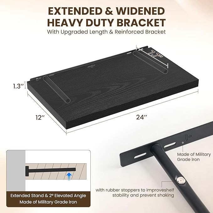 Dreamland 24" Floating Shelves for Wall, 12" Deep Slim Black Floating Shelves, Wall-Mounted Shelves for Bedroom, Living Room, Kitchen, Bathroom - Set of 2