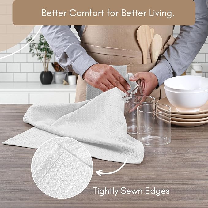 TWINY threads Kitchen Towels Set of 12, 100% Soft Cotton Waffle Weave Dish Towels, Tea Towels with Hanging Loop, Resuable Bar Towels for Table Cleaning, Dinning, Parties- 16"X 26" - White