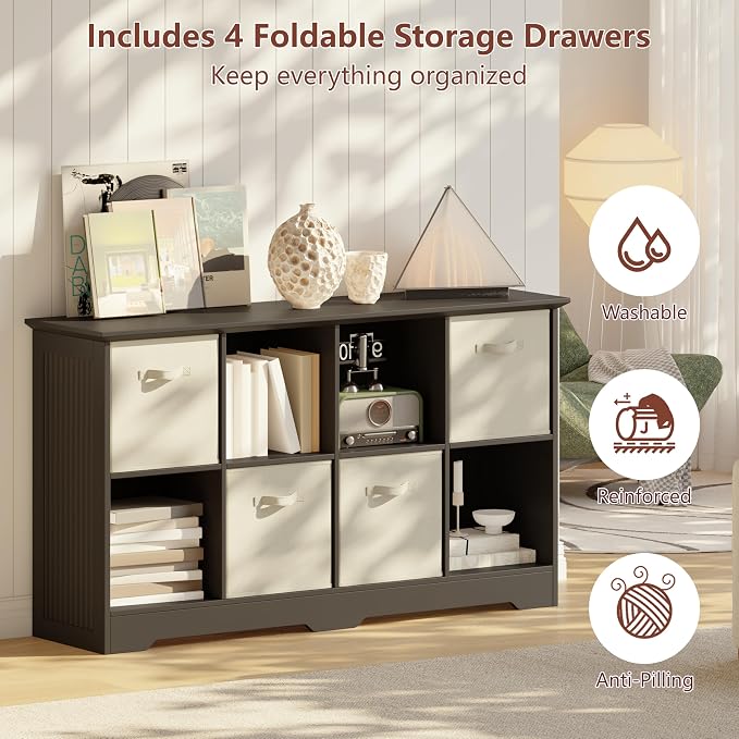VORONOI 8 Cube Storage Organizer with 4 Fabric Drawers and Removable Shelves — Modular Cube Bookshelf for Bedroom, Living Room, or Home Office, Short Cube Bookcase for Toys, Decor,Black