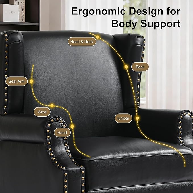 Faux Leather Wingback Chairs Set of 2, High Back Accent Chair, Comfy Upholstered Armchair with Nailhead Trim for Living Room, Single Sofa Reading Chair for Small Spaces, Bedroom-P Black