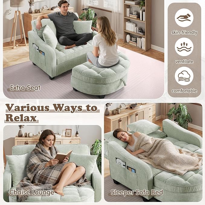 Oversized Chaise Lounge Chair Indoor with Ottoman, Chenille Tufted Comfy Loveseat Sofa Chair with Adjustable Backrest, Fluffy Recliner Sofa, Convertible Sleeper Couch Bed for Living Room(51"W, Beige)