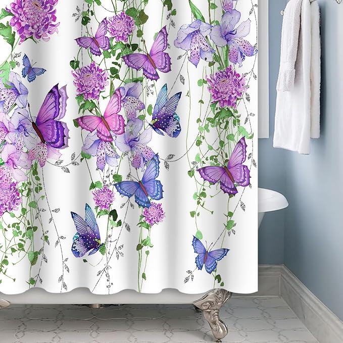 Violet Butterfly Floral Shower Curtain Spring Lavender Shower Curtain Lilac Pink Floral Bathroom Decor Waterproof Polyester Fabric with 12 Hooks,72x78 Inches