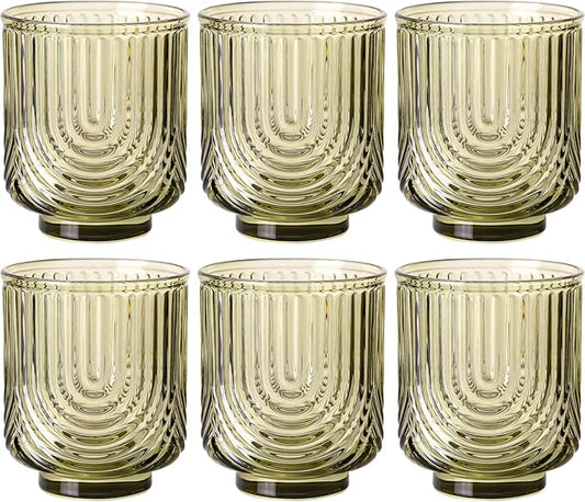 Green Vintage Drinking Glasses Set of 6-15oz Hand-Blown Highball Ribbed Glassware, Arch Design Cocktail Glasses for Whiskey Water Beverages Ice Coffee Juice Milk