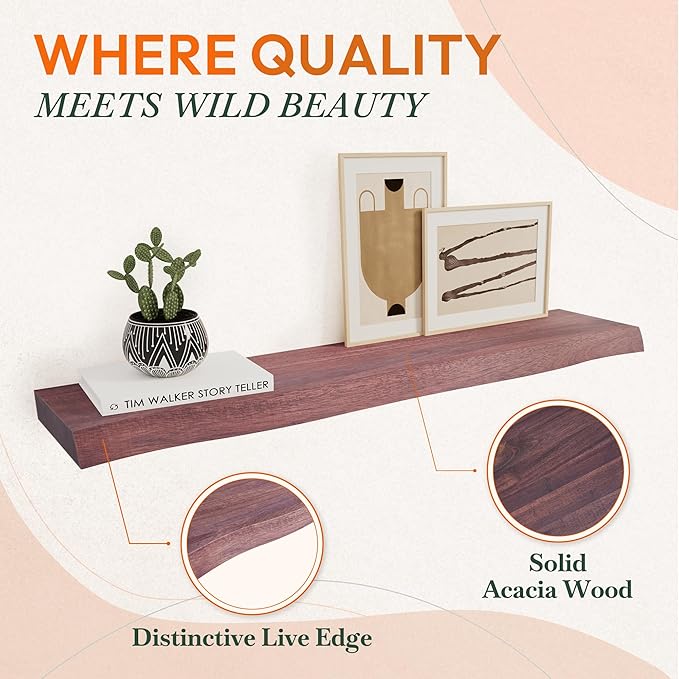 Howizz 36'' Live Edge Floating Shelves for Wall, Acacia Wood Wall Mounted Shelves with Invisible Brackets, Rustic Wooden Shelf Set of 2 for Living Room, Bedroom, Bathroom, Kitchen Decor, Cherry