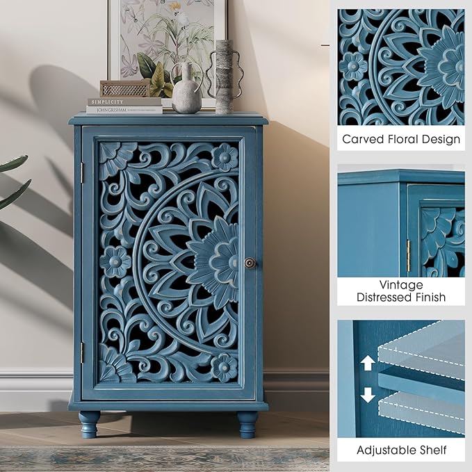 JOINICE Small Accent Cabinet with Carved Mandala Door, Blue Storage Cabinet with Solid Wood Legs & Adjustable Shelf, Boho Distressed End Table for Living Room, Bedroom, Entryway Side Table