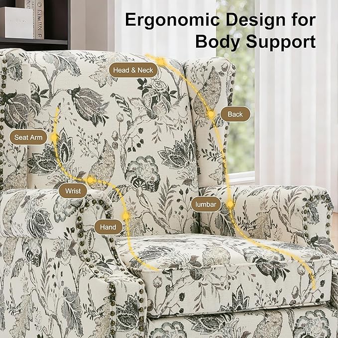 Wingback Chairs Set of 2, High Back Floral Accent Chair in Fabric, Comfy Upholstered Armchair with Nailhead Trim for Living Room, Single Sofa Reading Chair for Small Spaces, Bedroom-Plants Beige