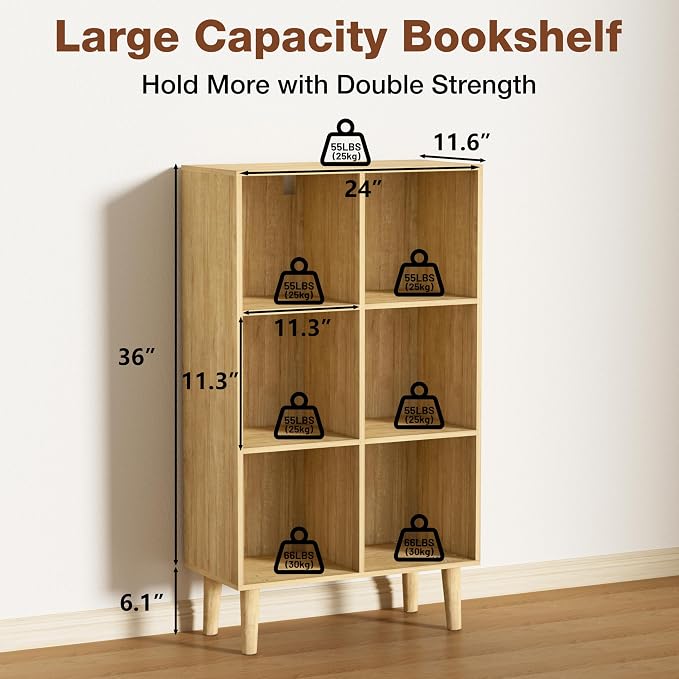 6 Cube Bookcase, Wooden Book Shelf Cube Storage Organizer with Legs, 3 Tier Bookshelf Freestanding Open Shelves for Bedroom, Living Room and Home Office (Oak, 6 Cube Vertical)