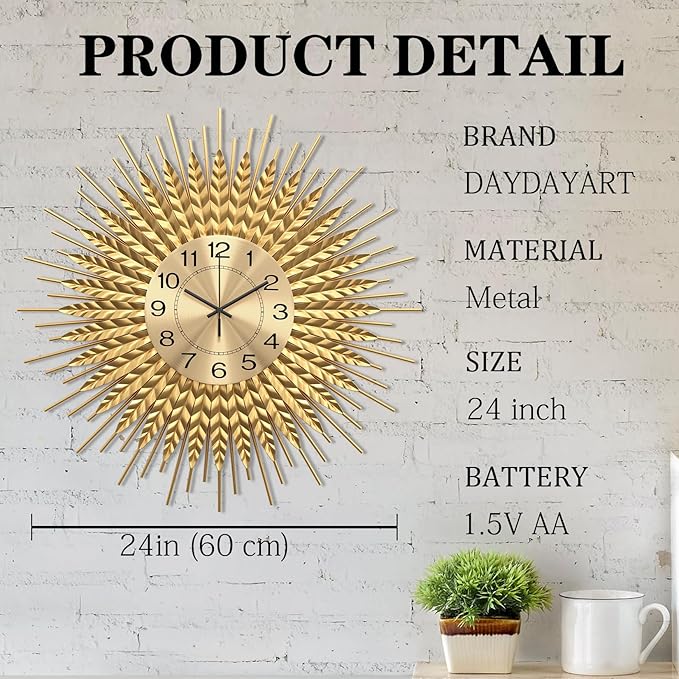 Modern Large Wall Clock Decorative Metal Mid Century Wall Clocks, Gold Big Silent Non-Ticking Clock, Modern Handmade Home Art Decor for Living Room, Bedroom, Dining Room, 24 Inch