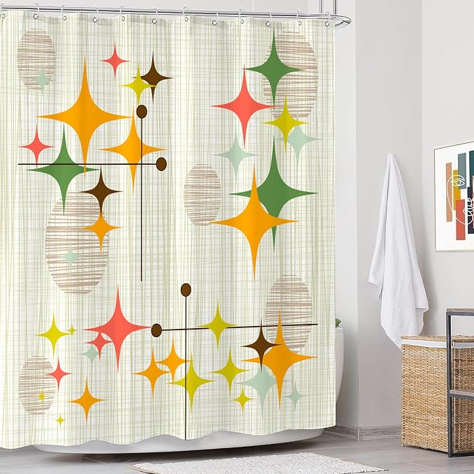 Mid Century Modern Shower Curtain Retro Stars Shower Curtains for Bathroom Abstract Vintage Boho Art Waterproof Fabric Bath Curtain Decor with Hooks (Yellow1, 72'' x 72'')