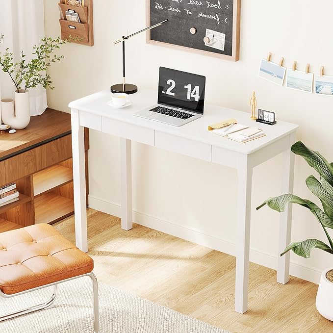 Wood Desk with Drawers - Solid Wood Mid Century Modern Desks for Bedroom, Small Computer Desk for PC, Laptop, Study, Makeup, 39.4 W x 29.5 H x 15.75 D in, White