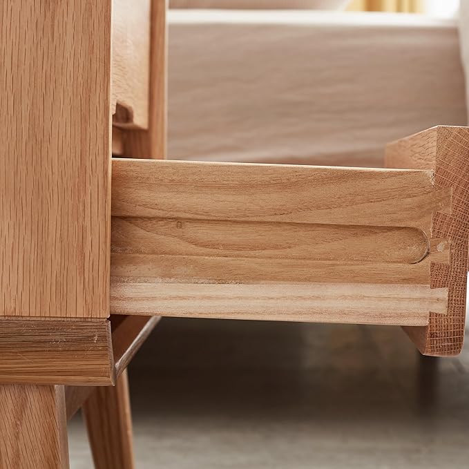 Mid-Century Modern Solid Oak Nightstand, 2-Drawer Bedside Table with Open Storage, Wooden Bedroom End Table (Natural Oak, 16.53”x13.78”x23.22”)