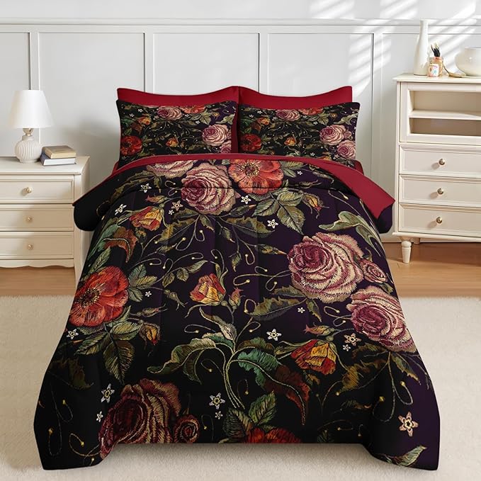 Nesker 7 Pcs Comforter Set Queen Size, Red Rose Retro Flower Bedding Set for Kids and Adults, Floral Leaves Plant Sheets Bed Sheet Sets with Fitted Sheet 2 Pillowcases & 2 Shams