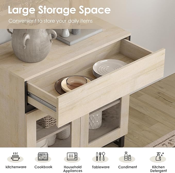 WAMPAT 3 in 1 Modern Sideboard with Adjustable Shelves and Drawer,Storage Cabinet with Glass Doors, Coffee Bar Cabinet for Living Room, Kitchen, Light Oak