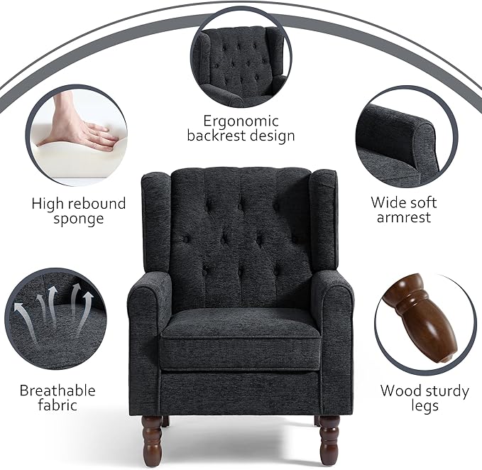 Accent Chairs Set of 2, High Back Upholstered Chair with Button Tufted, Mid-Century Modern Comfy Wingback Chair Reading Armchair in Fabric for Living Room for Bedroom, Office-Black Blue