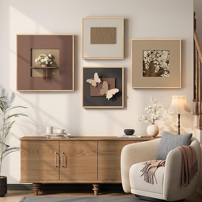 Framed 3D Wall Art Decor for Living Room, Large 4 Piece Textured Neutral Wall Decor with Vase, Modern Minimalist Butterfly Brown Sandstone Paintings Artwork for Dining Room, Hallway, Office