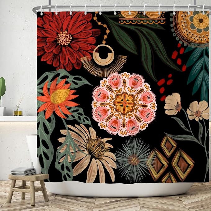 Black Boho Floral Shower Curtain Abstract Botanical Mid Century Modern Bathroom Decor Tropical Flower Shower Curtain with 12 Hooks,72x84 inches