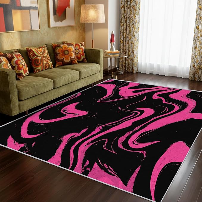 70s Rug 4x6 Retro Black Pink Abstract Hippie Pattern Area Rugs for Living Room, Bedroom, 70s Home Decor Accessories Indoor Carpet, Non Slip & Machine Washable, GD0385