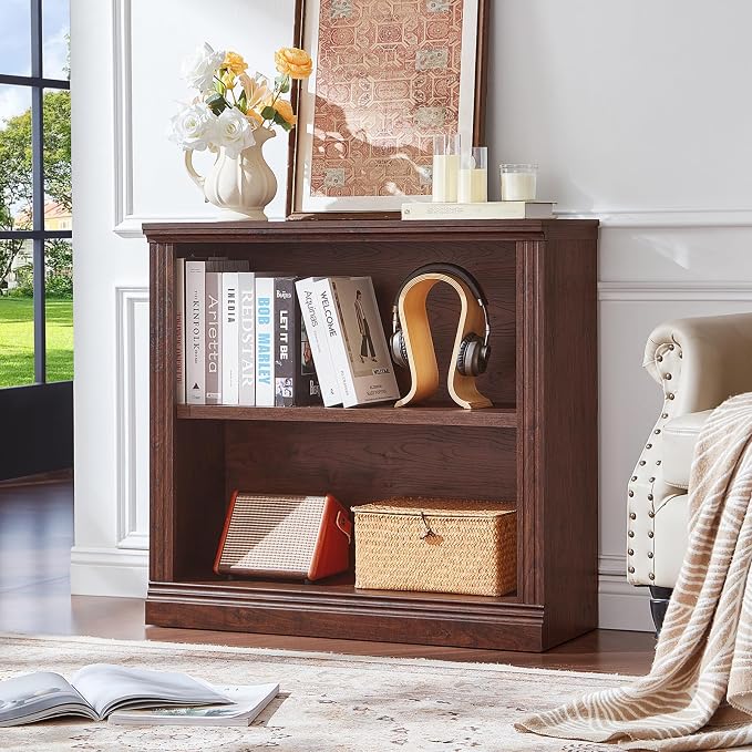 RWYHG 30" Walnut Bookshelf,2-Tier Thick Wooden Book Shelf with Adjustable Shelves,Free Standing Farmhouse Bookcase with Open Display Storage,Floor Vintage Bookshelves for Living Room,Office