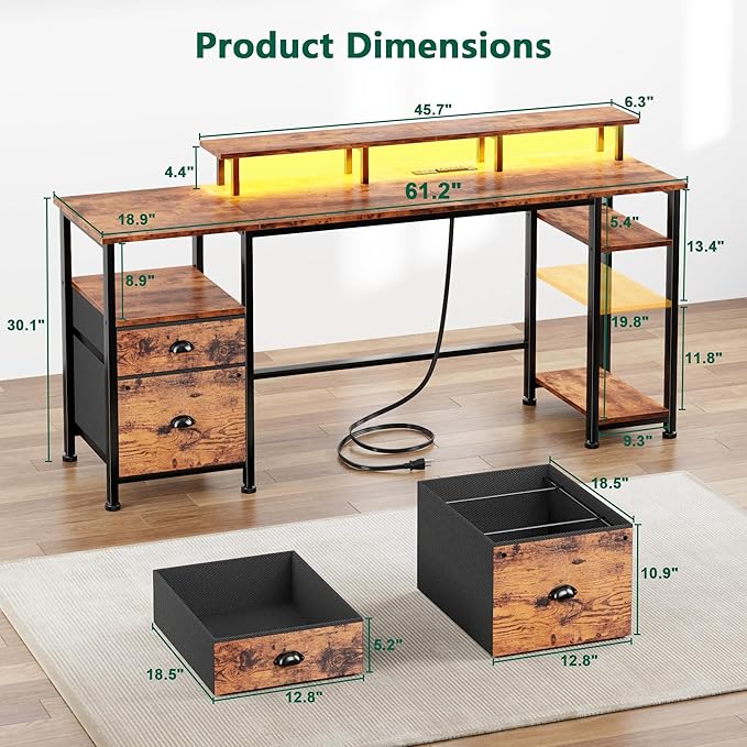 Furologee 61" Computer Desk with Power Outlet & LED Lights, Reversible Gaming Desk with File Cabinet & Monitor Stand for Home Office, Writing Study Table with Storage Shelves and Drawer, Rustic Brown