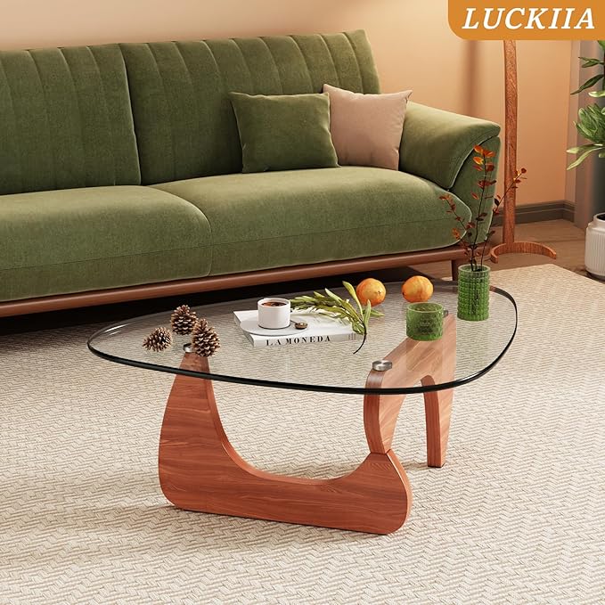 Coffee Tables Glass Small Farmhouse Coffee Table Mid-Century Modern Wood Center Table for Living Room, Walnut Transparent, 36 Inch
