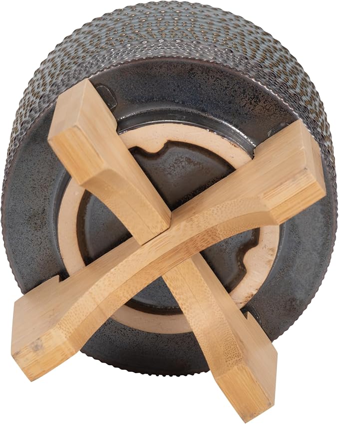 Ceramic Dotted Planter with Wood Stand for Home Decor - Modern Flower Planters for Patio, Entryway, and Garden - Small Decorative Pot Display for Indoor and Outdoor Plants - 8", Green & Tan
