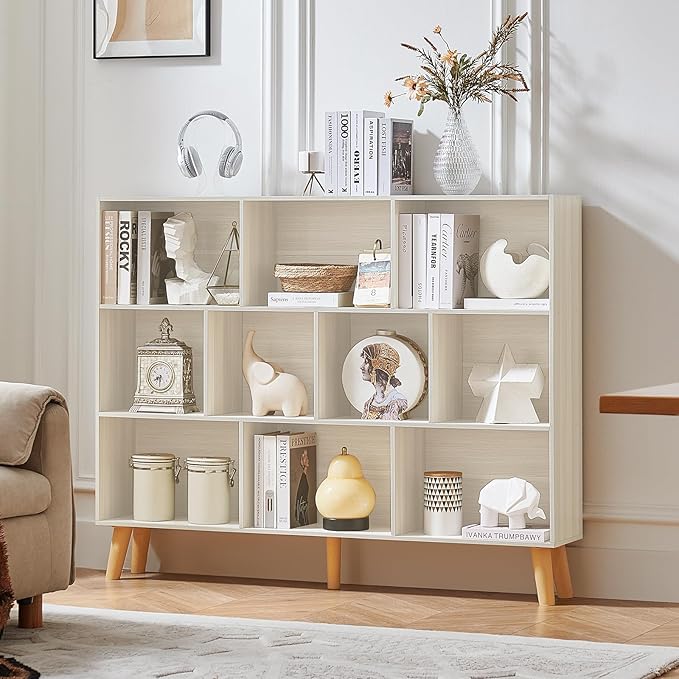 LEYAOYAO 10 Cube Bookshelf, 3 Tier Vintage 55" Wide Bookcase with Legs, Mid-Century Bookshelves Storage, Light Grey White Large Book Case, Freestanding Organizer Display Shelf for Living Room, Office