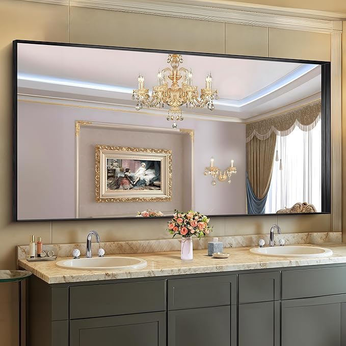 CIRCUMI Black Bathroom Mirror, 72"x36" Rectangular Mirror with Deep Metal Frame, Brushed Finish, Tempered Glass, Large Mirror for Wall, Over 2 Sinks, Installed Vertically/Horizontally, Crystal-Clear