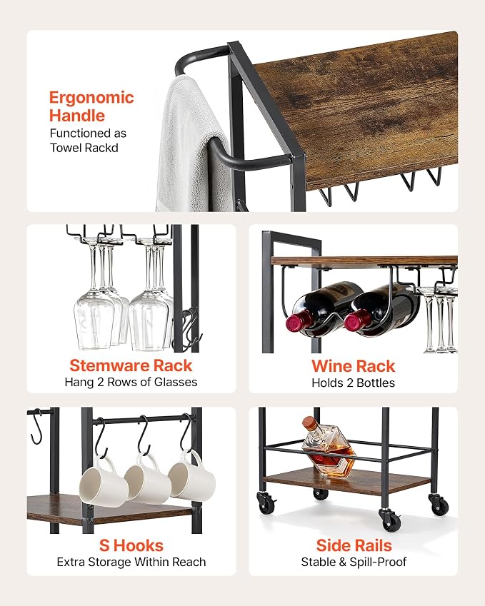 VEVOR Bar Cart, 3 Tiers Home Kitchen Serving Carts, Industrial Rolling Utility Station on Wheel, Mobile Drink Beverage Shelf with Wine Rack & Glass Holder, 20.08x11.02x33.07 in, Rustic Brown and Black