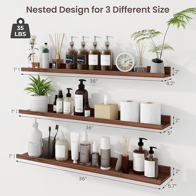 Axeman 36 Inch Floating Shelves | Walnut Picture Ledge Shelf Set of 3 | Rustic Wood Wall Shelves with Lip | 36" Walnut Picture Shelf for Wall with Ledge | Photo Shelves