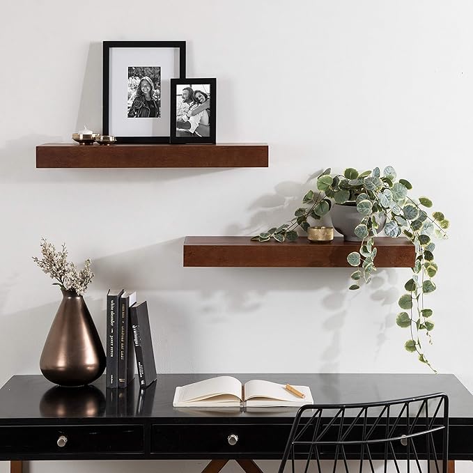 Kate and Laurel Havlock Modern Floating Shelves, Set of 2, Walnut Brown, Mid-Century Storage and Display Shelves for Wall