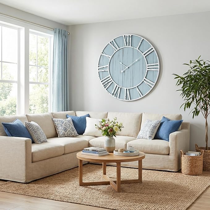Large Farmhouse Wall Clock 30 Inch Vintage Blue Wooden Wall Clock with Quiet Ticking and Minimalist Roman Numerals for Bedroom Living Room Office Kitchen Home Decor, Battery Operated